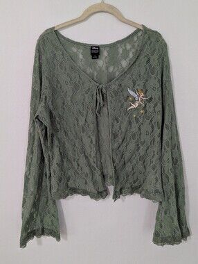 Torrid Her Universe Lace Tie Front Tinkerbell Top Bell Sleeve Sheer Green 2